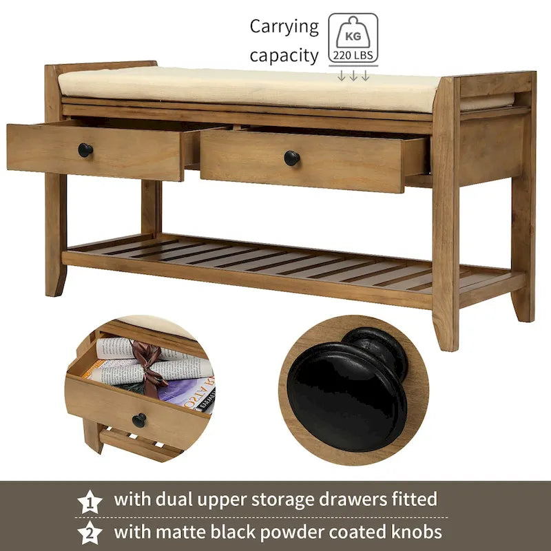 Modern Multipurpose Entryway Storage Bench With Upholstered Seat and Drawers