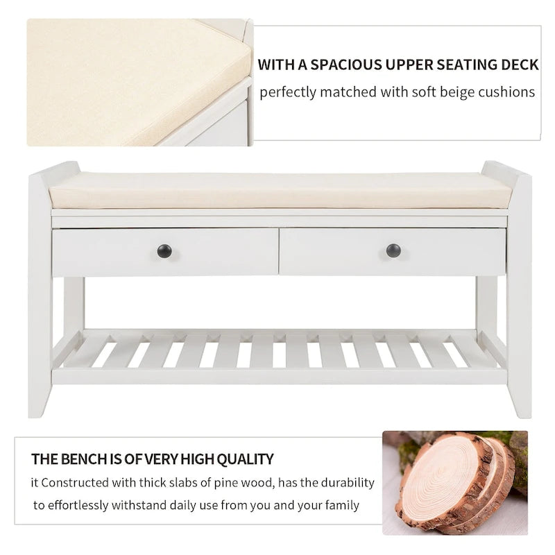 Modern Multipurpose Entryway Storage Bench With Upholstered Seat and Drawers