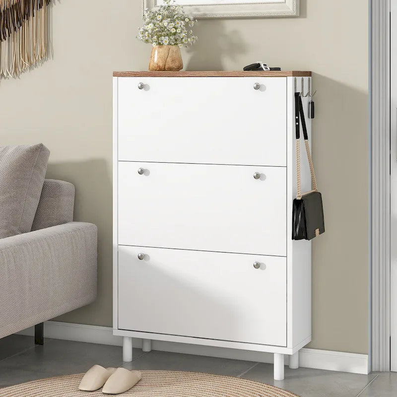 Shoe Cabinet with 3 Flip Drawers,Wood Grain Pattern with 3 Hooks,Free Standing Shoe Rack with Adjustable Panel