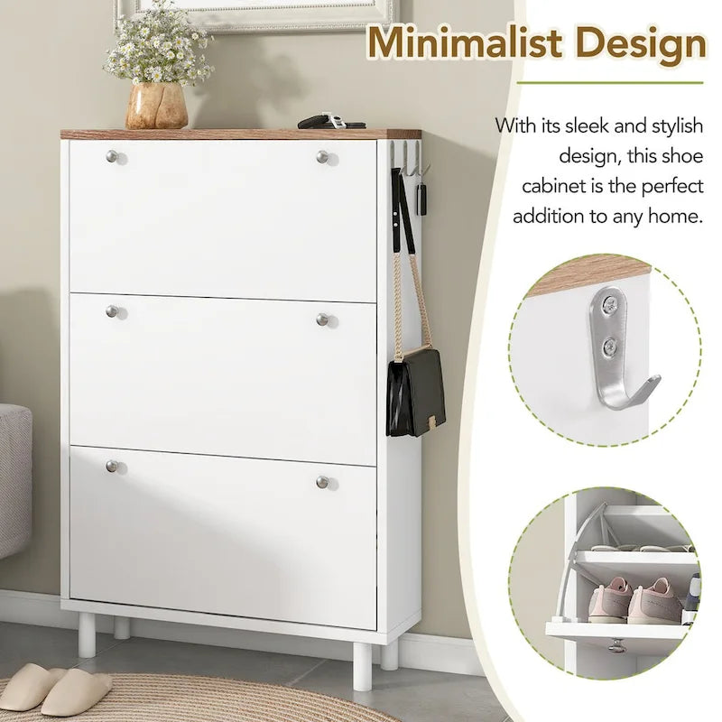 Shoe Cabinet with 3 Flip Drawers,Wood Grain Pattern with 3 Hooks,Free Standing Shoe Rack with Adjustable Panel