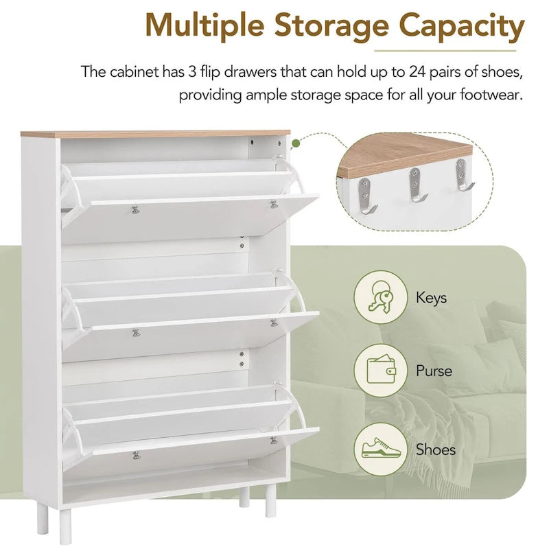 Shoe Cabinet with 3 Flip Drawers,Wood Grain Pattern with 3 Hooks,Free Standing Shoe Rack with Adjustable Panel