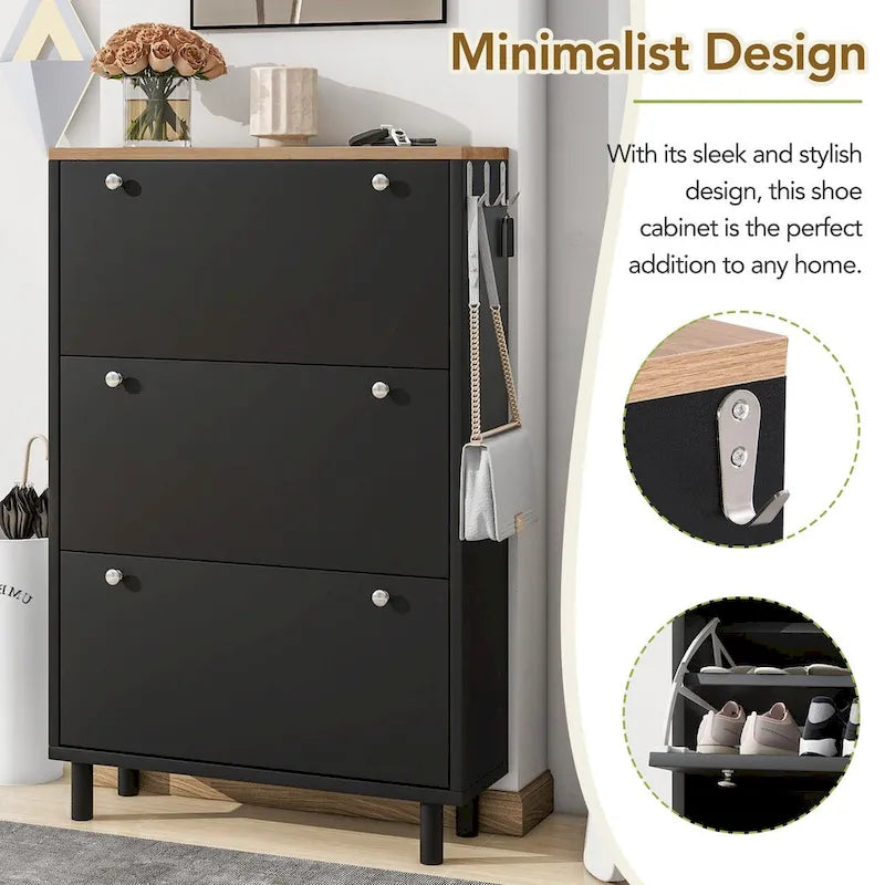 Shoe Cabinet with 3 Flip Drawers,Wood Grain Pattern with 3 Hooks,Free Standing Shoe Rack with Adjustable Panel