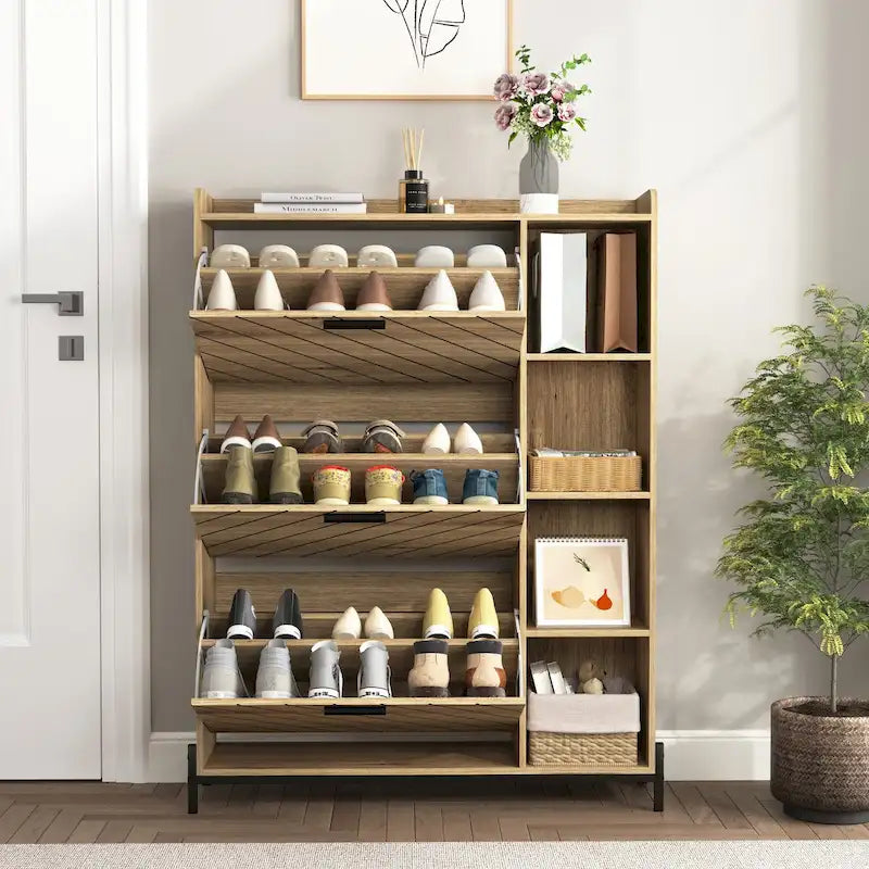 Shoe Cabinet with 3 Flip Drawers & Open Shelves,Modern Entryway Shoe Storage Cabinet Slim, Narrow Hidden Shoe Rack