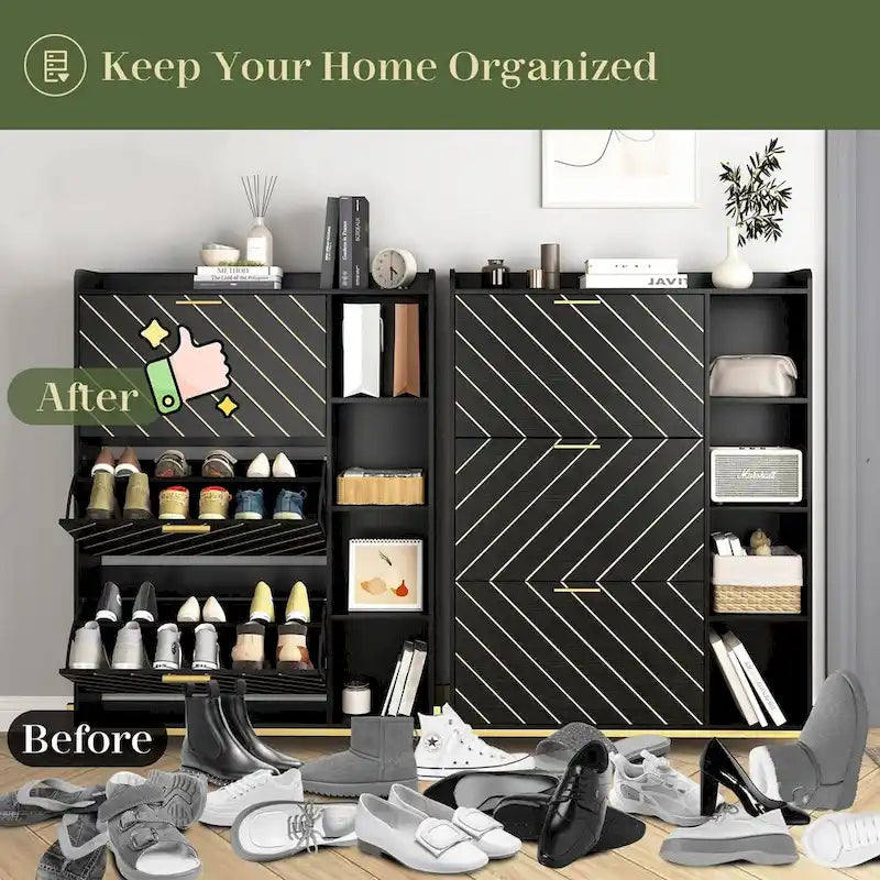 Shoe Cabinet with 3 Flip Drawers & Open Shelves,Modern Entryway Shoe Storage Cabinet Slim, Narrow Hidden Shoe Rack