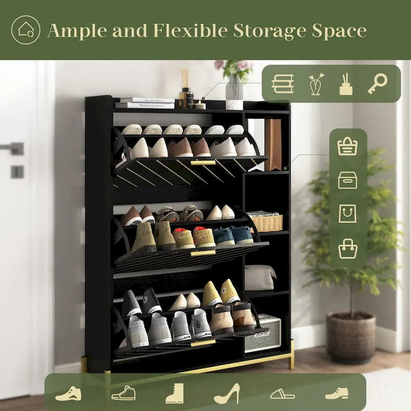 Shoe Cabinet with 3 Flip Drawers & Open Shelves,Modern Entryway Shoe Storage Cabinet Slim, Narrow Hidden Shoe Rack