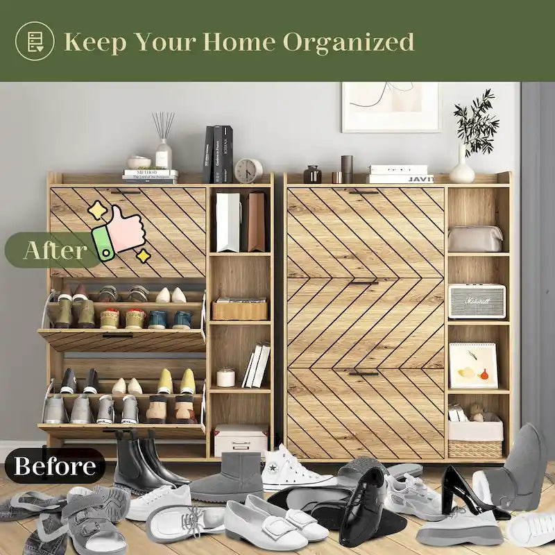 Shoe Cabinet with 3 Flip Drawers & Open Shelves,Modern Entryway Shoe Storage Cabinet Slim, Narrow Hidden Shoe Rack
