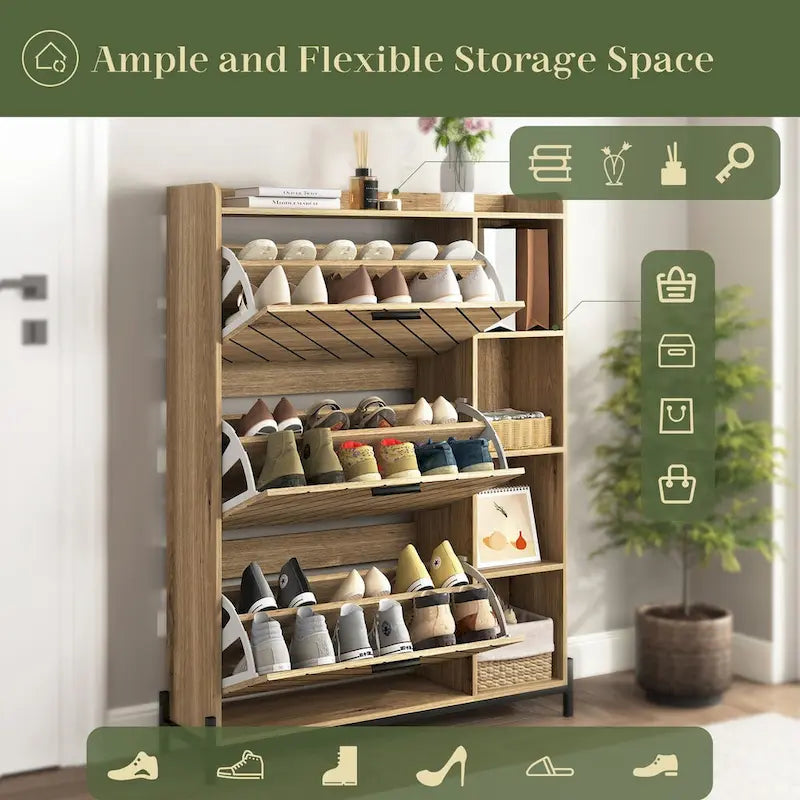Shoe Cabinet with 3 Flip Drawers & Open Shelves,Modern Entryway Shoe Storage Cabinet Slim, Narrow Hidden Shoe Rack