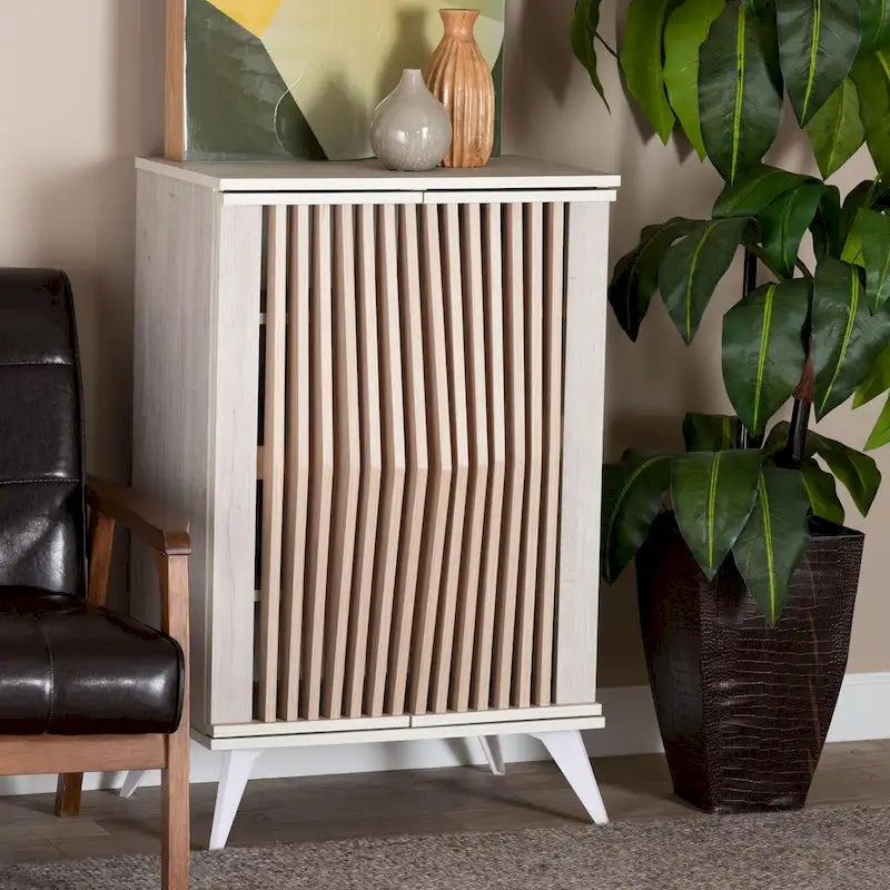 Simona Mid-Century Modern Transitional Light Grey and Brown Wood 2-Door Storage Cabinet
