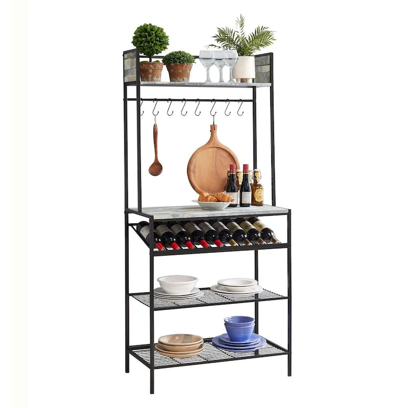 Bakers Rack with Storage Shelfs, Wine Rack and Hooks - Microwave Stand for Home Kitchen/Dining Room, Black/Gray