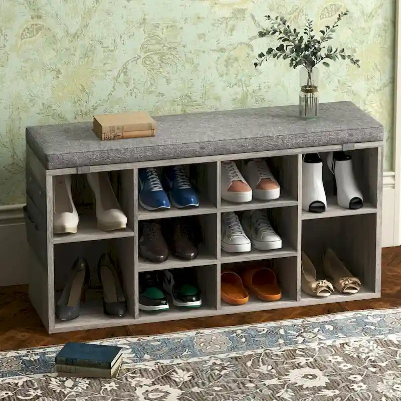 Banc à chaussures d'entrée avec rangement, siège rembourré 104 cm