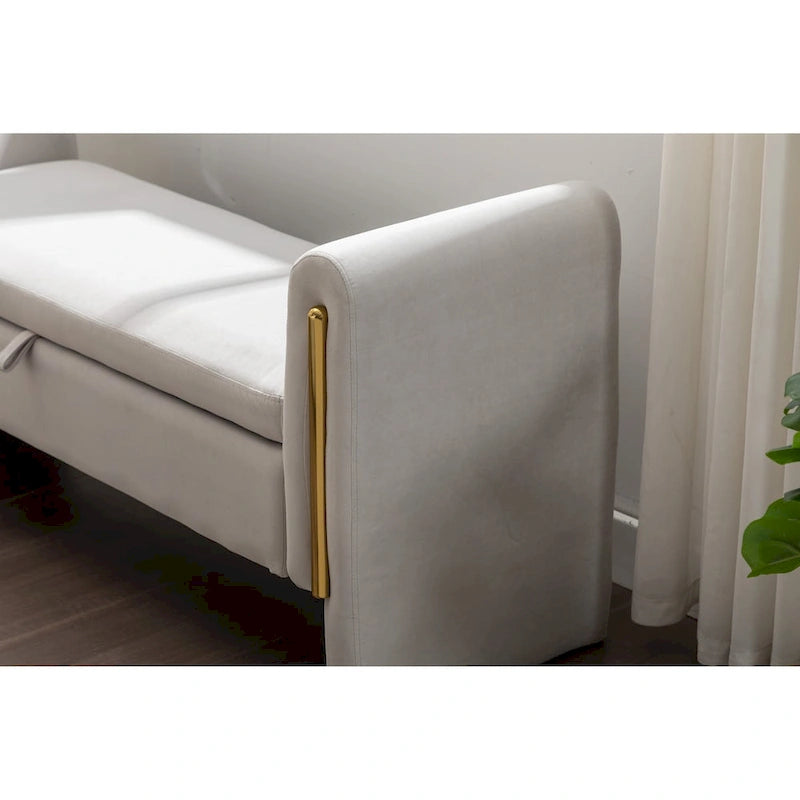 Velvet Fabric Storage Bench Bedroom Bench With Gold Metal Trim Strip For Living Room Bedroom Indoor