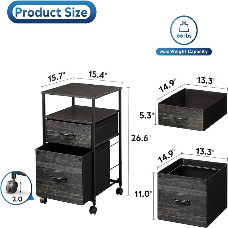 2 Drawer Mobile File Cabinet - 15.7D x 15.4W x 26.8H