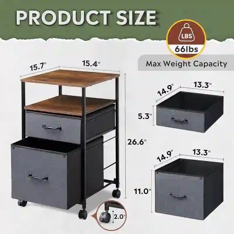 2 Drawer Mobile File Cabinet - 15.7D x 15.4W x 26.8H