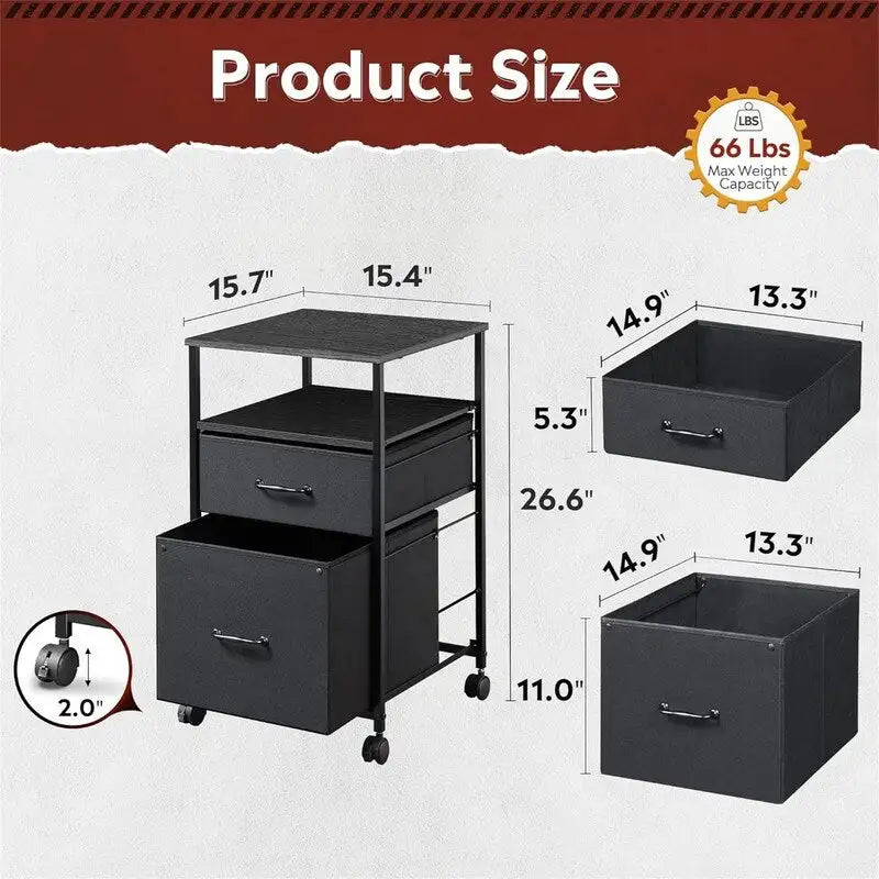 2 Drawer Mobile File Cabinet - 15.7D x 15.4W x 26.8H