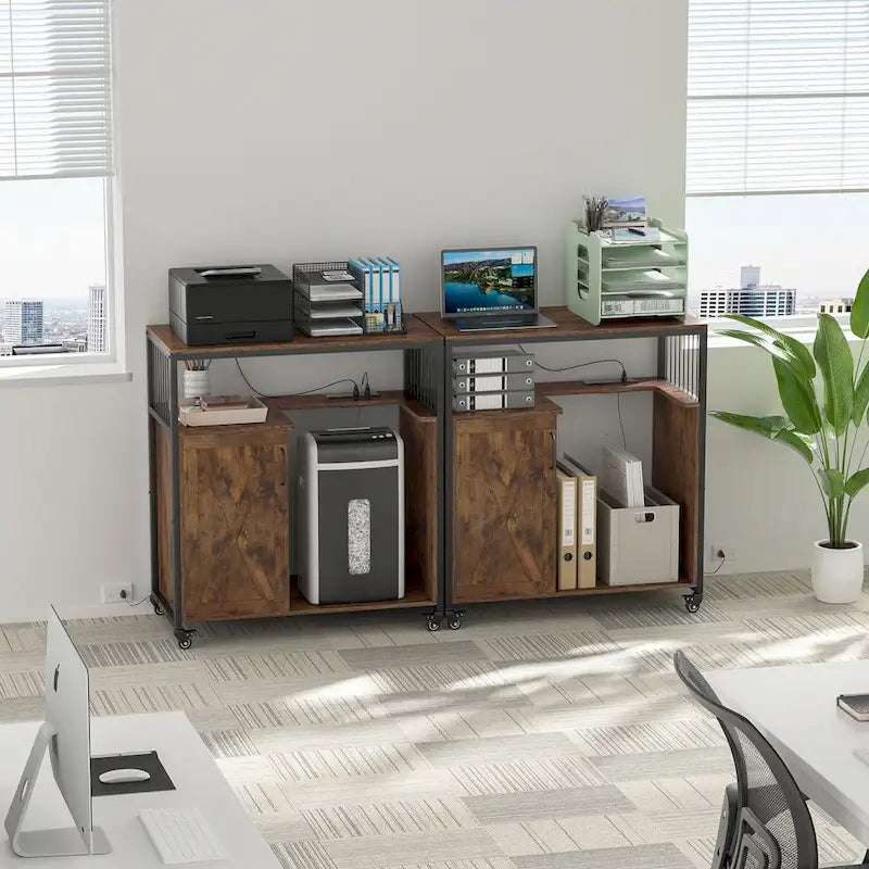 Anmytek Printer Stand with Storage Shelf Lateral Office Filing Cabinets with Socket and USB Charging Port