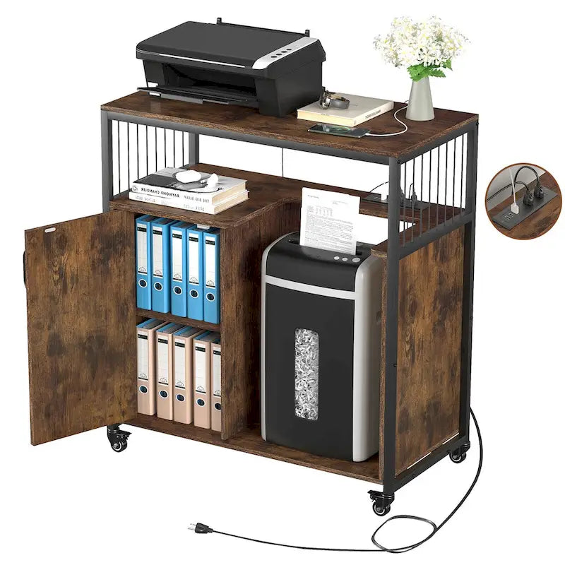 Anmytek Printer Stand with Storage Shelf Lateral Office Filing Cabinets with Socket and USB Charging Port