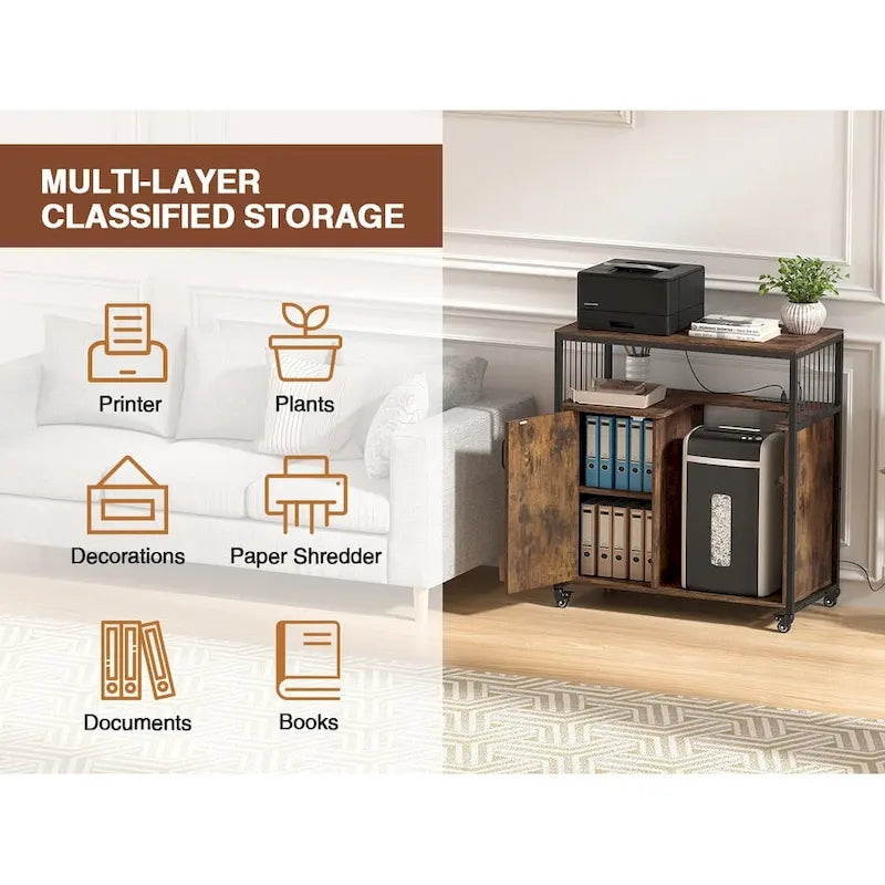 Anmytek Printer Stand with Storage Shelf Lateral Office Filing Cabinets with Socket and USB Charging Port
