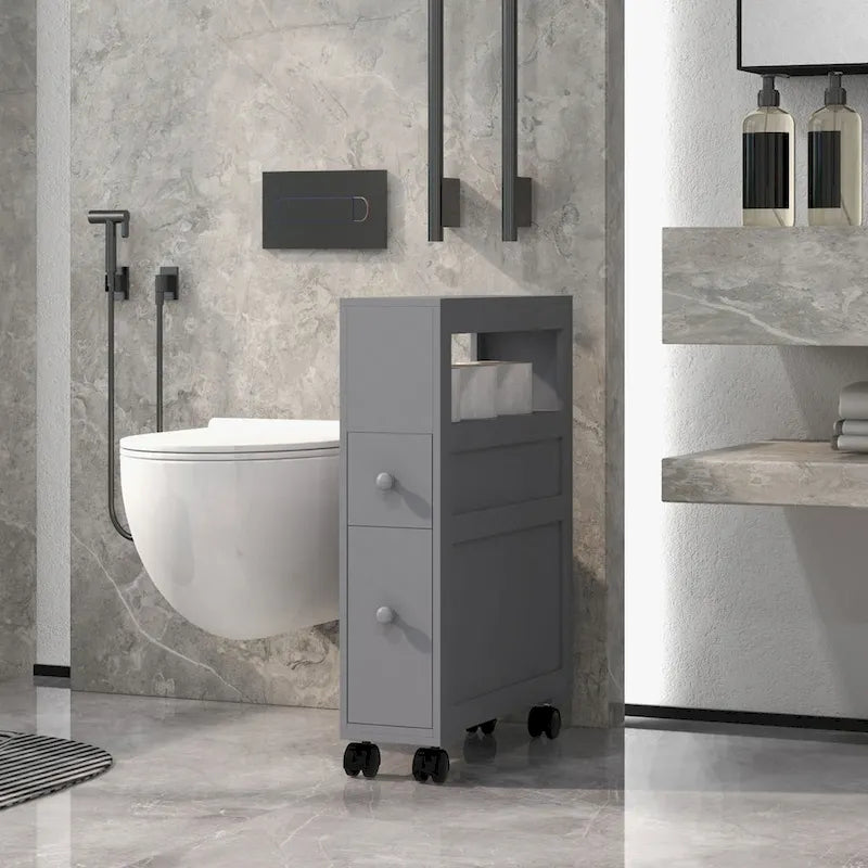 Wood Rolling Narrow Bathroom Side Storage Cabinet
