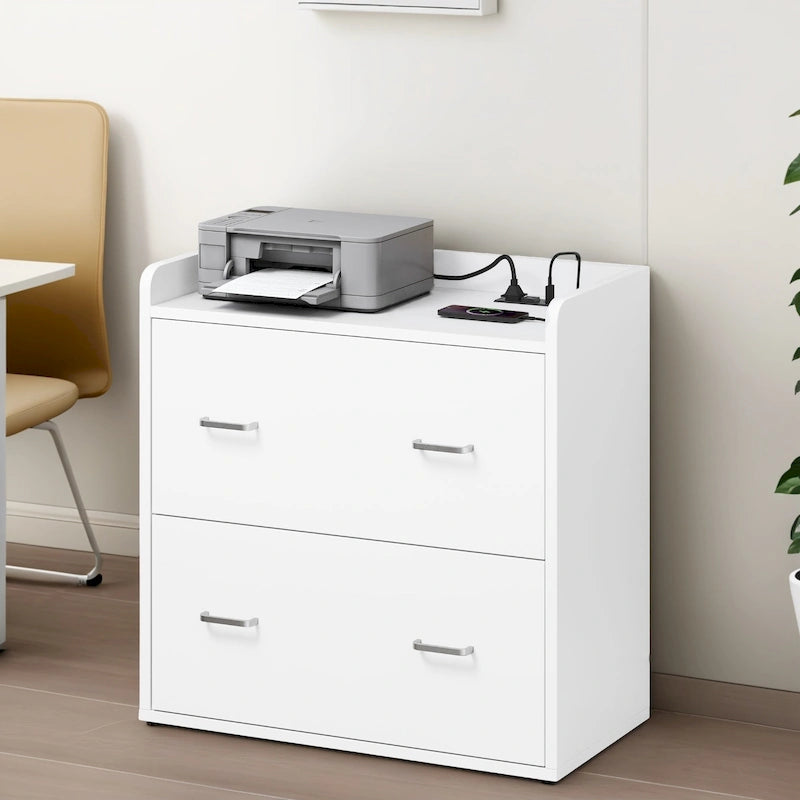 Modern 2 Drawer Large Lateral Filing Cabinet with Charging Station & Power Outlet