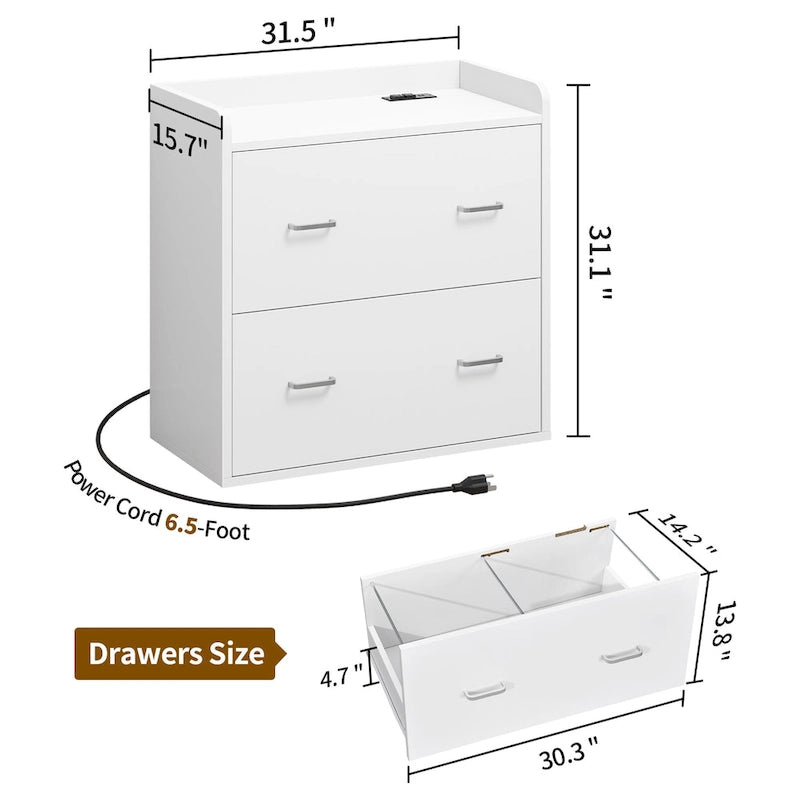 Modern 2 Drawer Large Lateral Filing Cabinet with Charging Station & Power Outlet