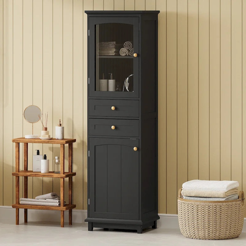 17.7 in. W x 14.2 in. D x 63 in. H Linen Cabinet with Glass Door and Two Drawers