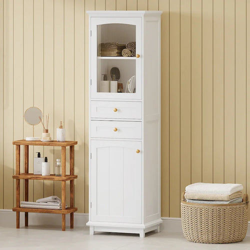 17.7 in. W x 14.2 in. D x 63 in. H Linen Cabinet with Glass Door and Two Drawers