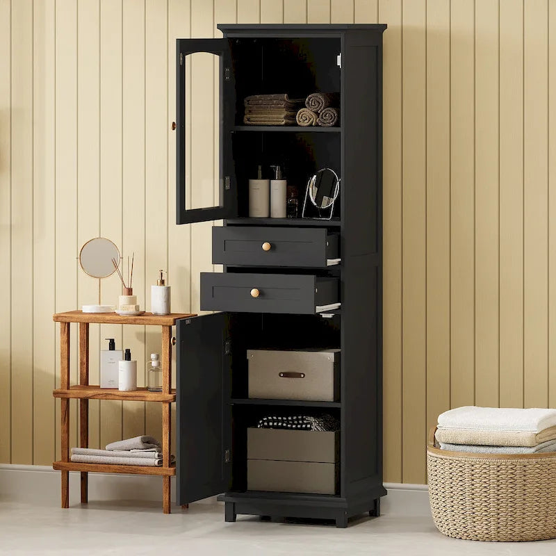 17.7 in. W x 14.2 in. D x 63 in. H Linen Cabinet with Glass Door and Two Drawers