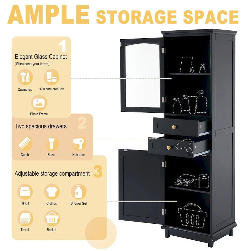 17.7 in. W x 14.2 in. D x 63 in. H Linen Cabinet with Glass Door and Two Drawers