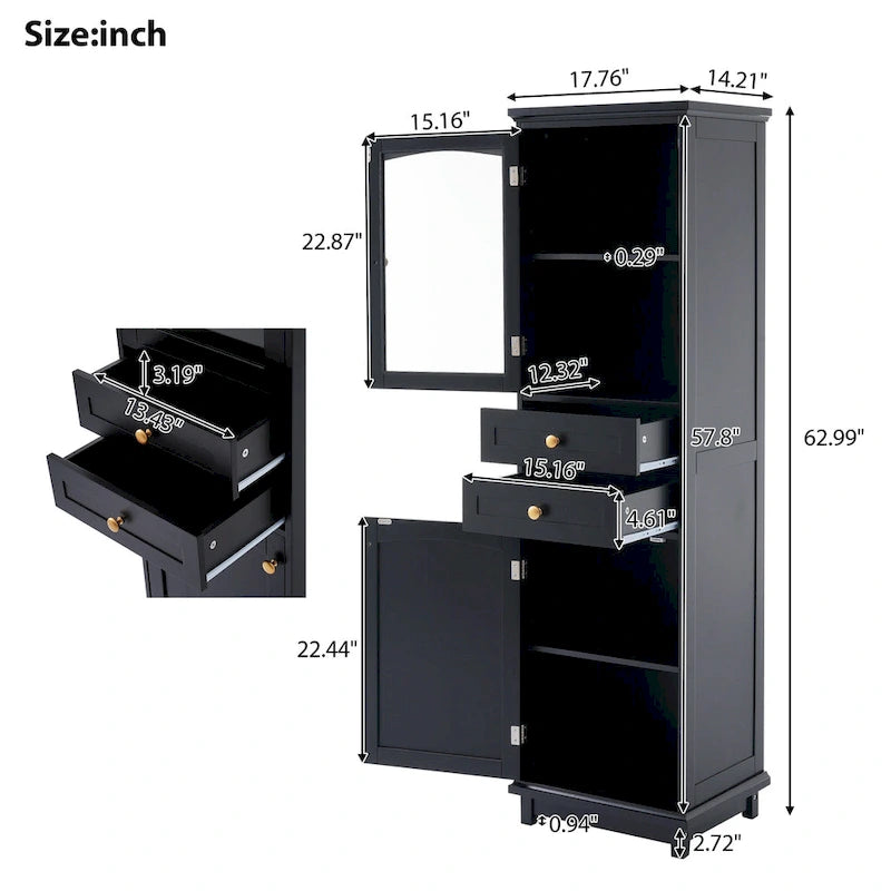 17.7 in. W x 14.2 in. D x 63 in. H Linen Cabinet with Glass Door and Two Drawers