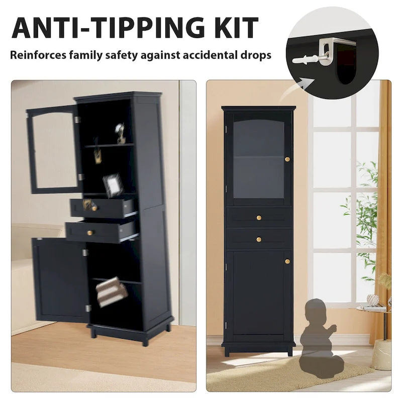 17.7 in. W x 14.2 in. D x 63 in. H Linen Cabinet with Glass Door and Two Drawers