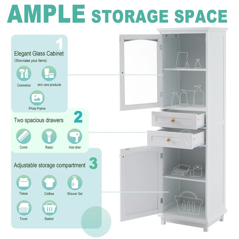 17.7 in. W x 14.2 in. D x 63 in. H Linen Cabinet with Glass Door and Two Drawers