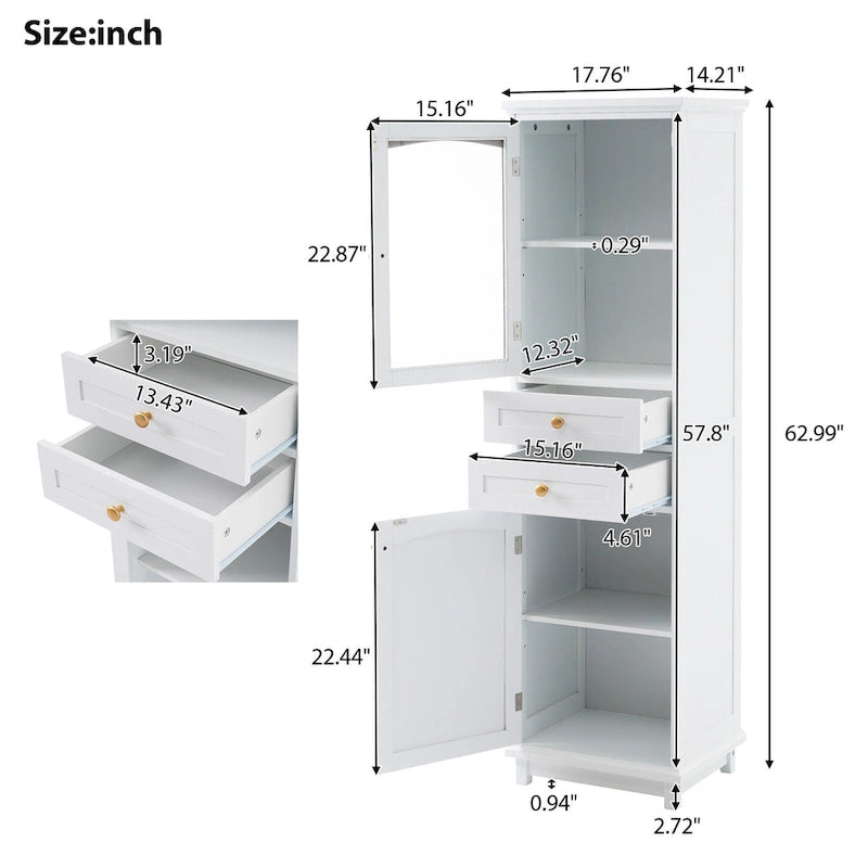 17.7 in. W x 14.2 in. D x 63 in. H Linen Cabinet with Glass Door and Two Drawers