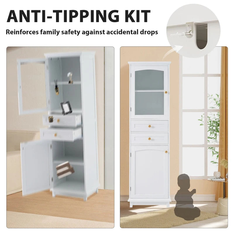 17.7 in. W x 14.2 in. D x 63 in. H Linen Cabinet with Glass Door and Two Drawers