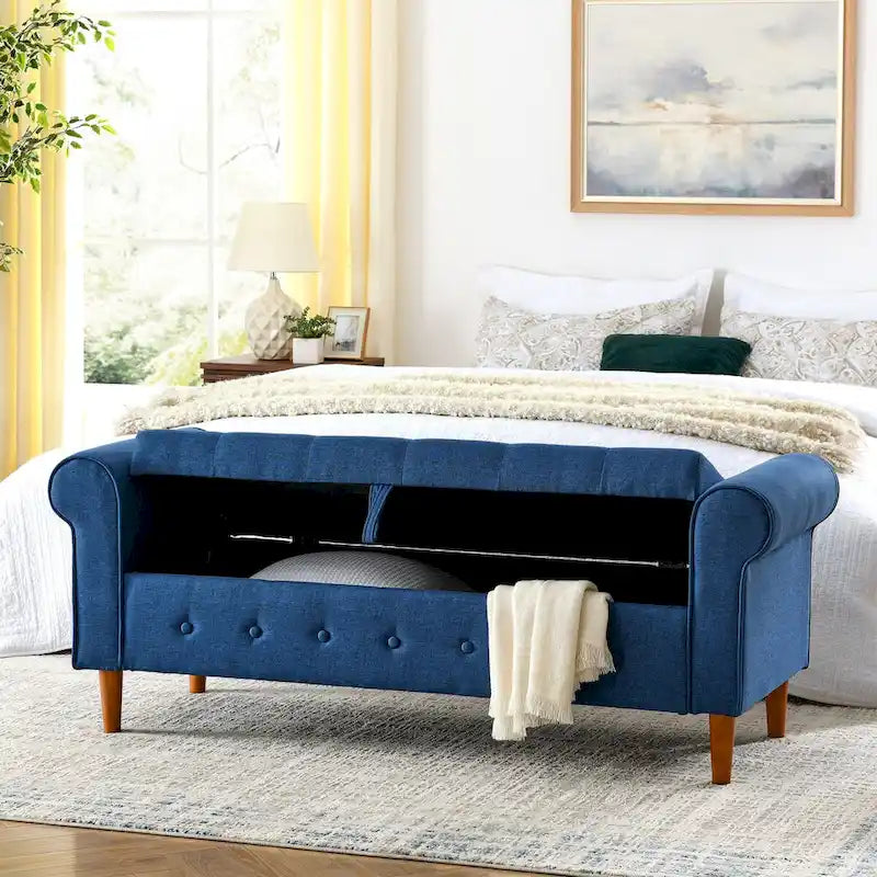 62 Bedroom Tufted Button Storage Bench, Modern Fabric Upholstered Ottoman, Window Bench, Rolled Arm Design for Bedroom