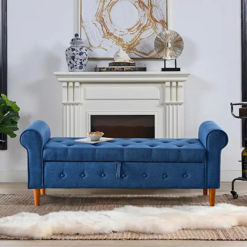 62 Bedroom Tufted Button Storage Bench, Modern Fabric Upholstered Ottoman, Window Bench, Rolled Arm Design for Bedroom