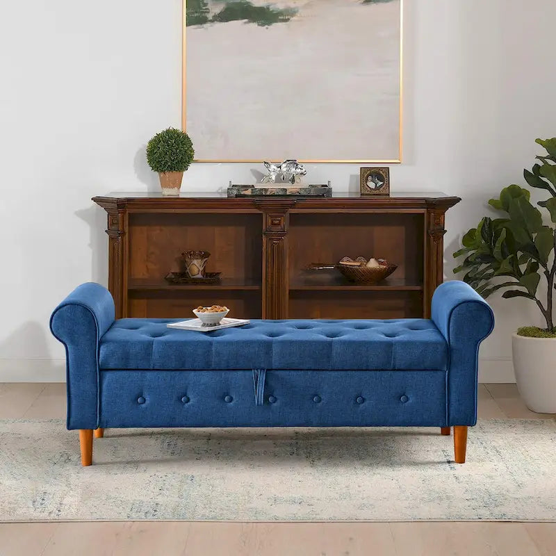 62 Bedroom Tufted Button Storage Bench, Modern Fabric Upholstered Ottoman, Window Bench, Rolled Arm Design for Bedroom