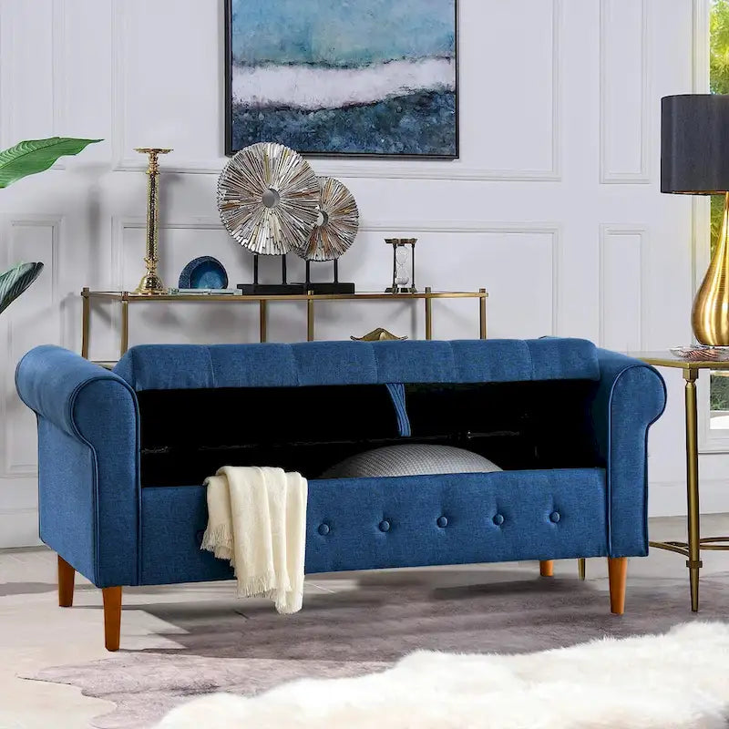 62 Bedroom Tufted Button Storage Bench, Modern Fabric Upholstered Ottoman, Window Bench, Rolled Arm Design for Bedroom