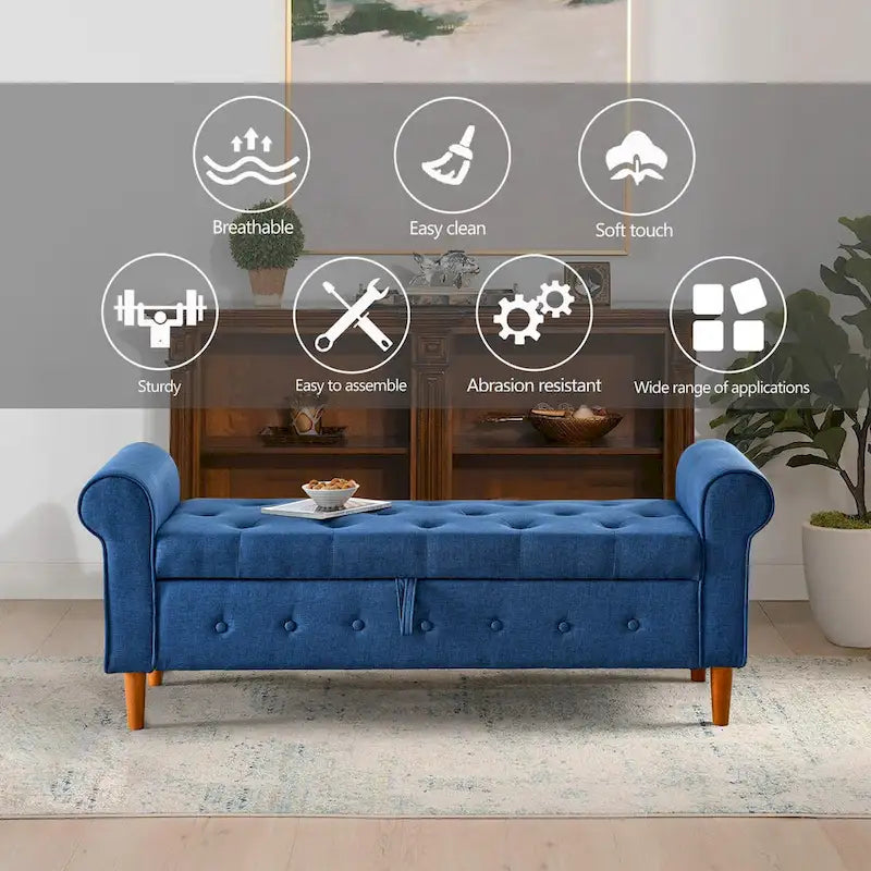 62 Bedroom Tufted Button Storage Bench, Modern Fabric Upholstered Ottoman, Window Bench, Rolled Arm Design for Bedroom