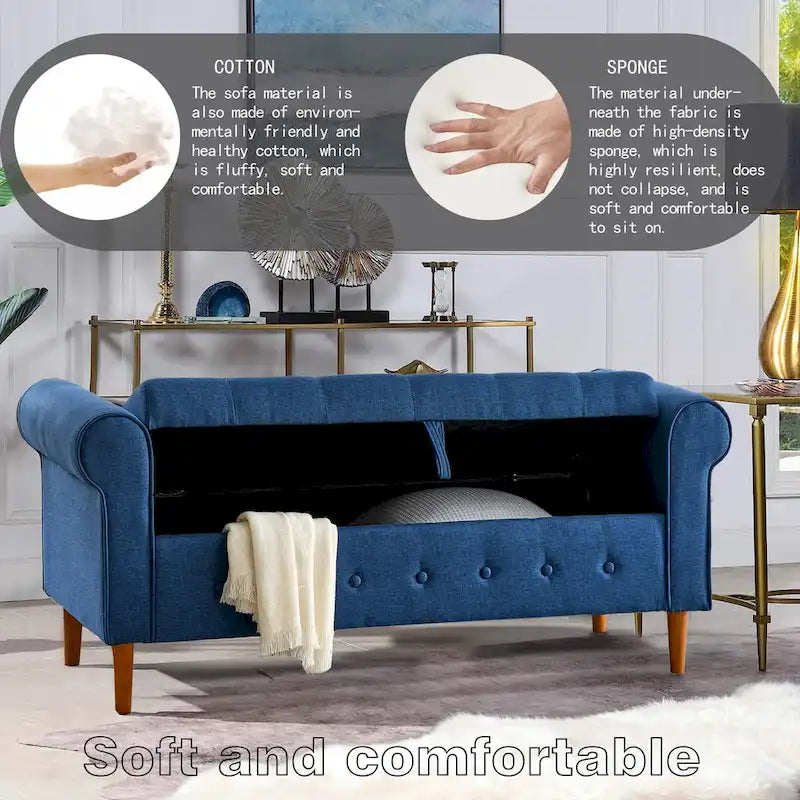 62 Bedroom Tufted Button Storage Bench, Modern Fabric Upholstered Ottoman, Window Bench, Rolled Arm Design for Bedroom