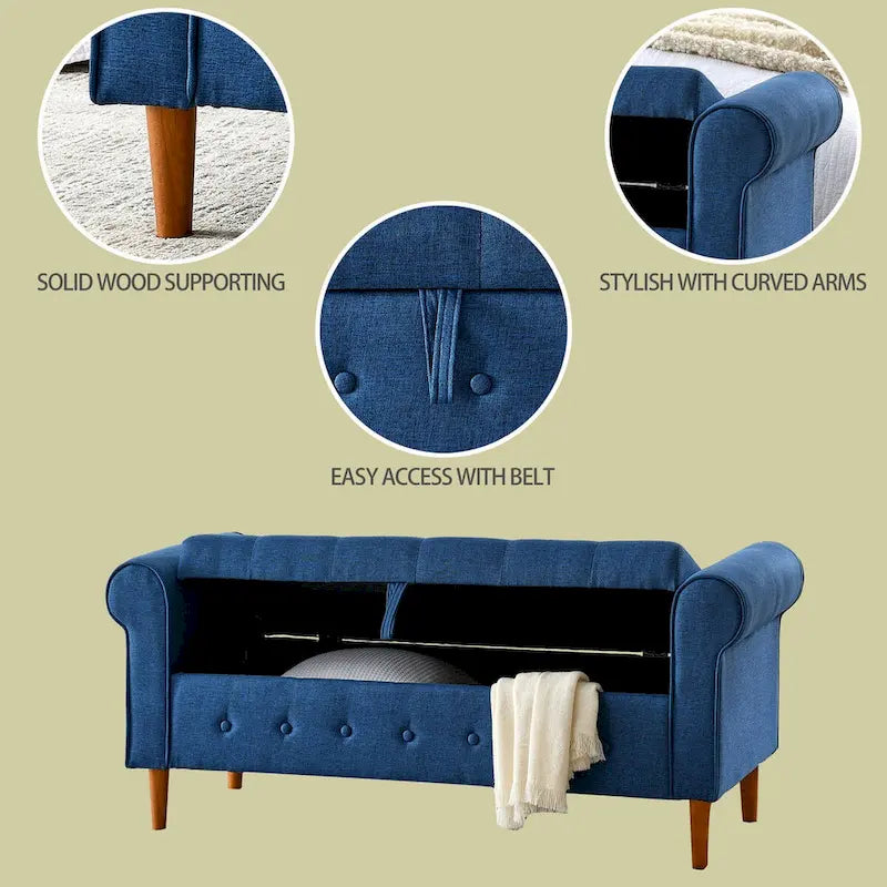 62 Bedroom Tufted Button Storage Bench, Modern Fabric Upholstered Ottoman, Window Bench, Rolled Arm Design for Bedroom