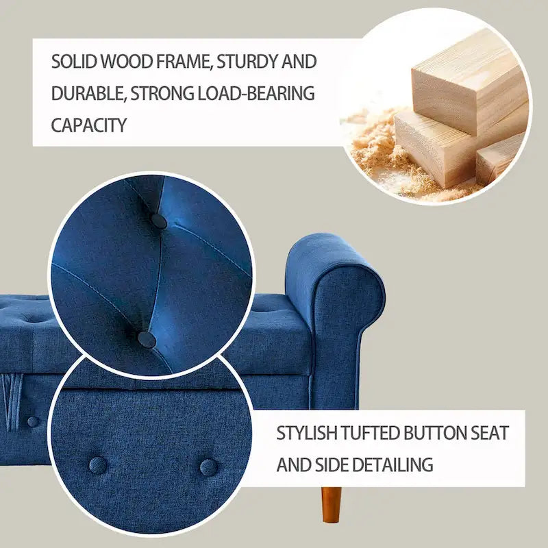 62 Bedroom Tufted Button Storage Bench, Modern Fabric Upholstered Ottoman, Window Bench, Rolled Arm Design for Bedroom