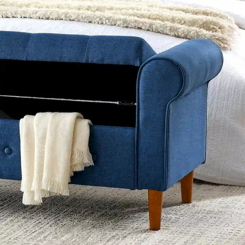 62 Bedroom Tufted Button Storage Bench, Modern Fabric Upholstered Ottoman, Window Bench, Rolled Arm Design for Bedroom