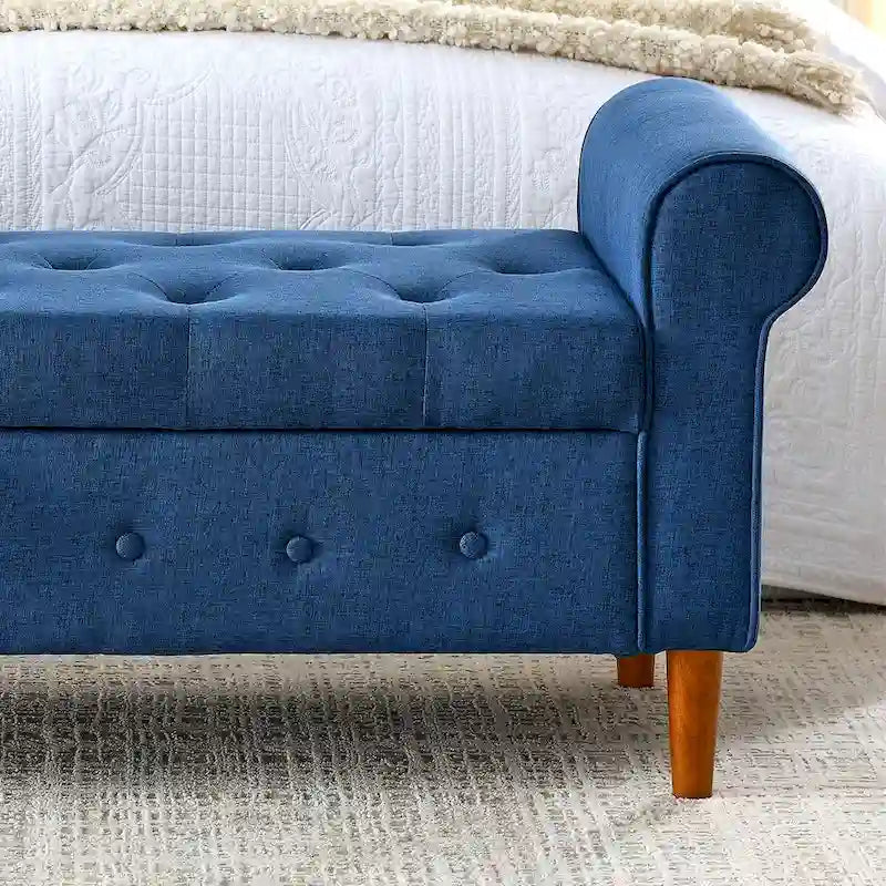 62 Bedroom Tufted Button Storage Bench, Modern Fabric Upholstered Ottoman, Window Bench, Rolled Arm Design for Bedroom