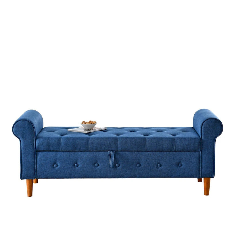 62 Bedroom Tufted Button Storage Bench, Modern Fabric Upholstered Ottoman, Window Bench, Rolled Arm Design for Bedroom
